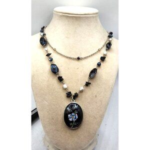 Vintage Oval Porcelain Black Pendant With Blue Flowers On Beaded Chain - Adjusta